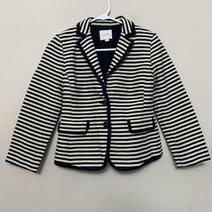 LOFT Women's Navy and Cream Striped Blazer Size 0 3/4 Sleeve Business Casual